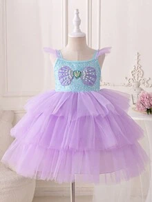 SHEIN Glamorique Kids 女童公主洋裝 紫色層次薄紗公主禮服 生日派對 派對穿著 婚禮度假洋裝 奢華風格 中東、歐洲與美洲 - 綠色 - 查看 5