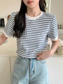 DAZY Summer Casual Striped Simple Fashion Short Sleeve T-Shirt - Blue - View 4