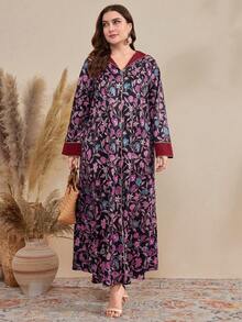 Al Najma 加大尺碼的全印花有領長袖裙,適用於阿拉伯服裝 - 彩色 - 查看 3