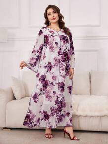 Al Najma Plus Size Women Fashionable Printed Long Sleeve Arabian Modest Dress, Kaftan