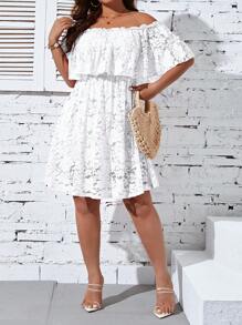 SHEIN Clasi Vestido de verano para mujer de talla grande con encaje, ribete de borlas y dobladillo con volantes, estilo de hombros descubiertos