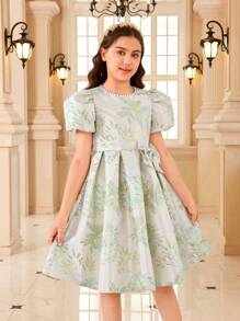 SHEIN Rochie Elegantă Fete Tween Cu Satin Brodat Și Flori