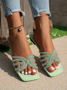 New Brand H Design Women's Summer Casual Slip-On Slide Sandals, Roman Style Slip-On Mules, Black/Beige/Brown Comfortable Flat Sandals, Influencer Recommended, Rhinestone Decor, Platform Desert Key Slippers, French Elegant Rhinestone Thick Sole Sandals, Beach Shoes