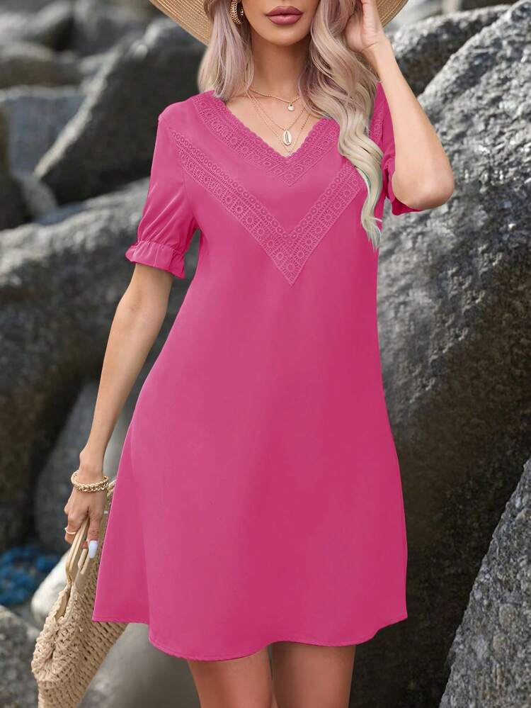 Women Solid Color V-Neck Short Sleeve Summer Dress