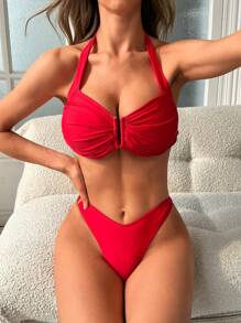 SHEIN Swim 女士纯色吊带背带比基尼套装夏季 - 紅色 - 查看 6