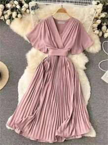 SHEIN Clasi 女性夏日假日風格百褶V領裙 - 粉色 - 查看 3