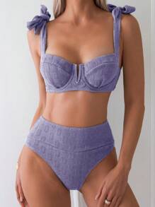 SHEIN Swim Women Summer Beach Solid Color Shoulder Knot Bikini Set For Vacation - Mauve Purple - View 3