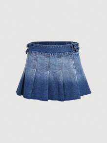SHEIN MOD Women Summer Washed Buckle Pleated Hem Denim Skirt