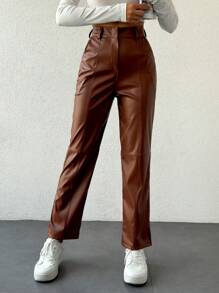 SHEIN Cottnline Women\ Solid Color Zipper Closure Long Pants - Camel - View 6