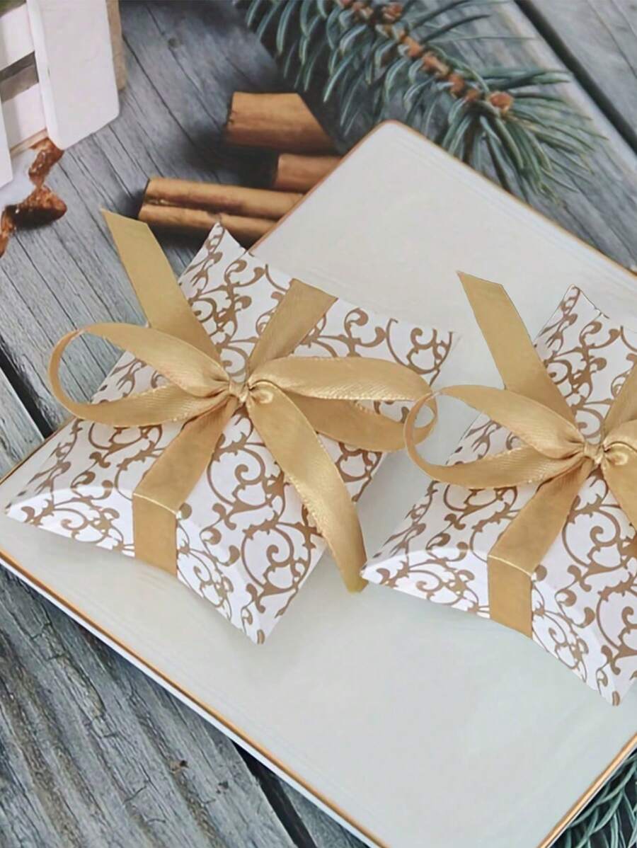 10/20pcs Pillow Gift Box, Gold Floral Pattern, Gold Ribbon Pillow Box, Packaging Pillow Box, Packaging Box, Pillow Gift Box, Handmade Gift Box, Souvenir, Tabletop Decor, Wedding, Birthday And Party Gift Packaging