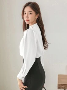 DAZY 女士纯色褶皱长袖衬衫春季女装工作服，秋季女装 - 白色 - 查看 2