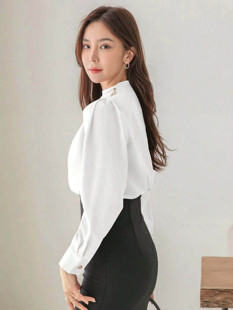 Women Plain Pleated Long Sleeve Shirt Spring Work Women Clothes,Fall Women Clothes