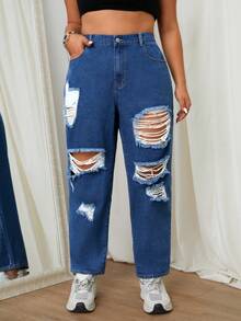 SHEIN VCAY Plus Size Casual Straight Leg Denim Jeans With Distressed Details And Slanted Pockets - Dark Wash - View 3