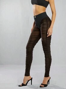 Hauture Women'S Mesh Pleated Palazzo Pants - Black - View 4