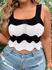 Flirla Kích thước lớn Của phụ nữ Đen & Trắng Khối màu Đan Áo ba lỗ Áo Với Cong - Đen và trắng - Xem 1