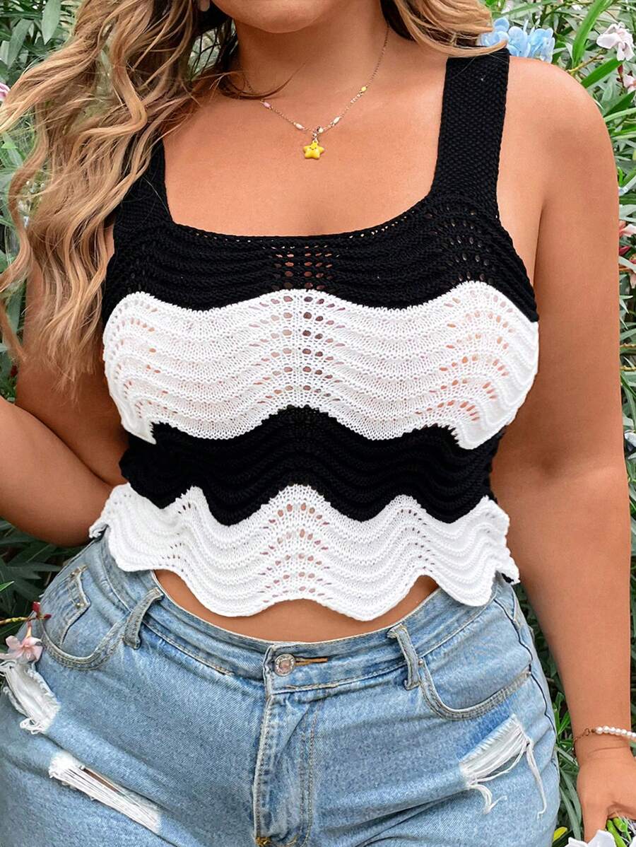 Flirla Kích thước lớn Của phụ nữ Đen & Trắng Khối màu Đan Áo ba lỗ Áo Với Cong - Đen và trắng - Xem 1