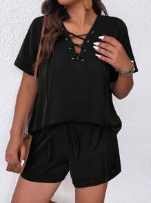 SHEIN LUNE 夏季大碼女士前扣綁設計短袖襯衫和短褲套裝 - 黑色 - 查看 4