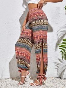 SHEIN Tall 女士复古印花度假镂空锥形裤 - 彩色 - 查看 3