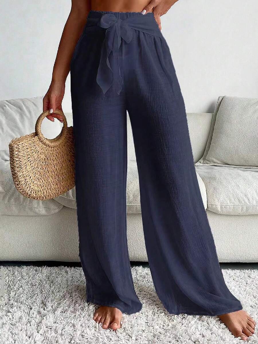 Swim Vcay Summer Beach Solid Belted Wide Leg Pants - Blue - View 1