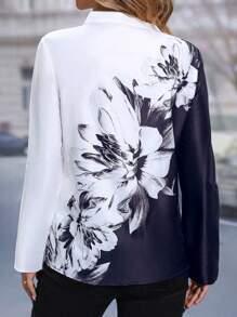 大碼女士花卉印花荷葉邊袖口襯衫