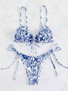 SHEIN Swim Women Summer Beach Random Print Spaghetti Strap Bikini Set - Multicolor - View 3