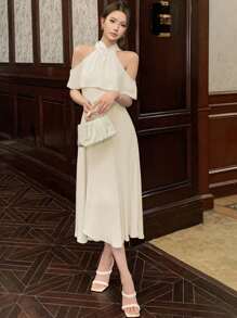 DAZY Women Solid Color Open Shoulder Halter Neck Dress For Summer Prom Dress Sundress,Formal Women Dresses Elegant Women Dresses - Beige - View 4