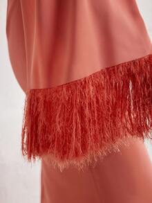 Modelyn Cloak Sleeve Fringe Trim Mock Neck Split Dress - Dusty Pink - View 5