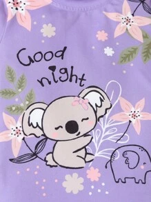 Młoda dziewczyna Prosty i uroczy Liście Koali Drukuj Krótkie rękawy i długie spodnie wokół szyi 2-częściowy obcisły zestaw piżam