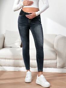 SHEIN Maternity Distressed Skinny Jeans With Pockets - Dark Wash - View 3