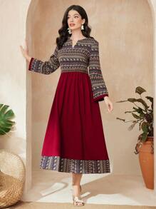 Mulvari Burgundy Red Women's Spring/Summer Geometric Printed Long Sleeve Colorblock Holiday Dress - Burgundy - View 1