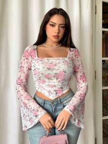 Firerie Floral Print Slim Fit Short Cropped T-Shirt With Bell Sleeves For Spring/Summer