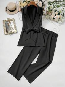 Mulvari 女士纯色简约加大码西装套装两件套 - 黑色 - 查看 1