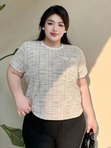 Dazy Plus Kích thước lớn Thanh lịch Họa tiết Lưới Ngắn tay Áo thun Cho mùa hè - trắng - Xem 4