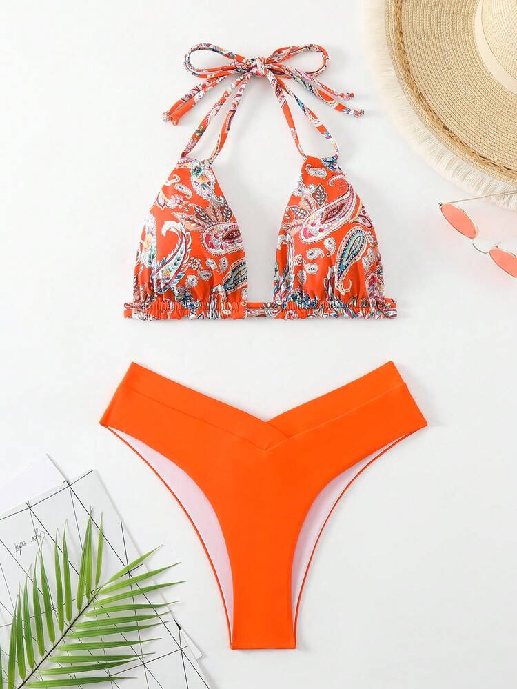 Women's Summer Beach Paisley Print Halter Neck Bikini Set Bathing Suit