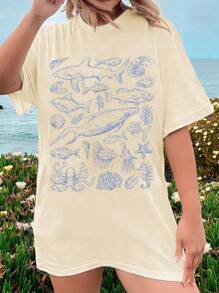 SHEIN EZwear 大码休闲海洋生物印花圆领短袖宽松女式 T 恤 - 杏色 - 查看 1