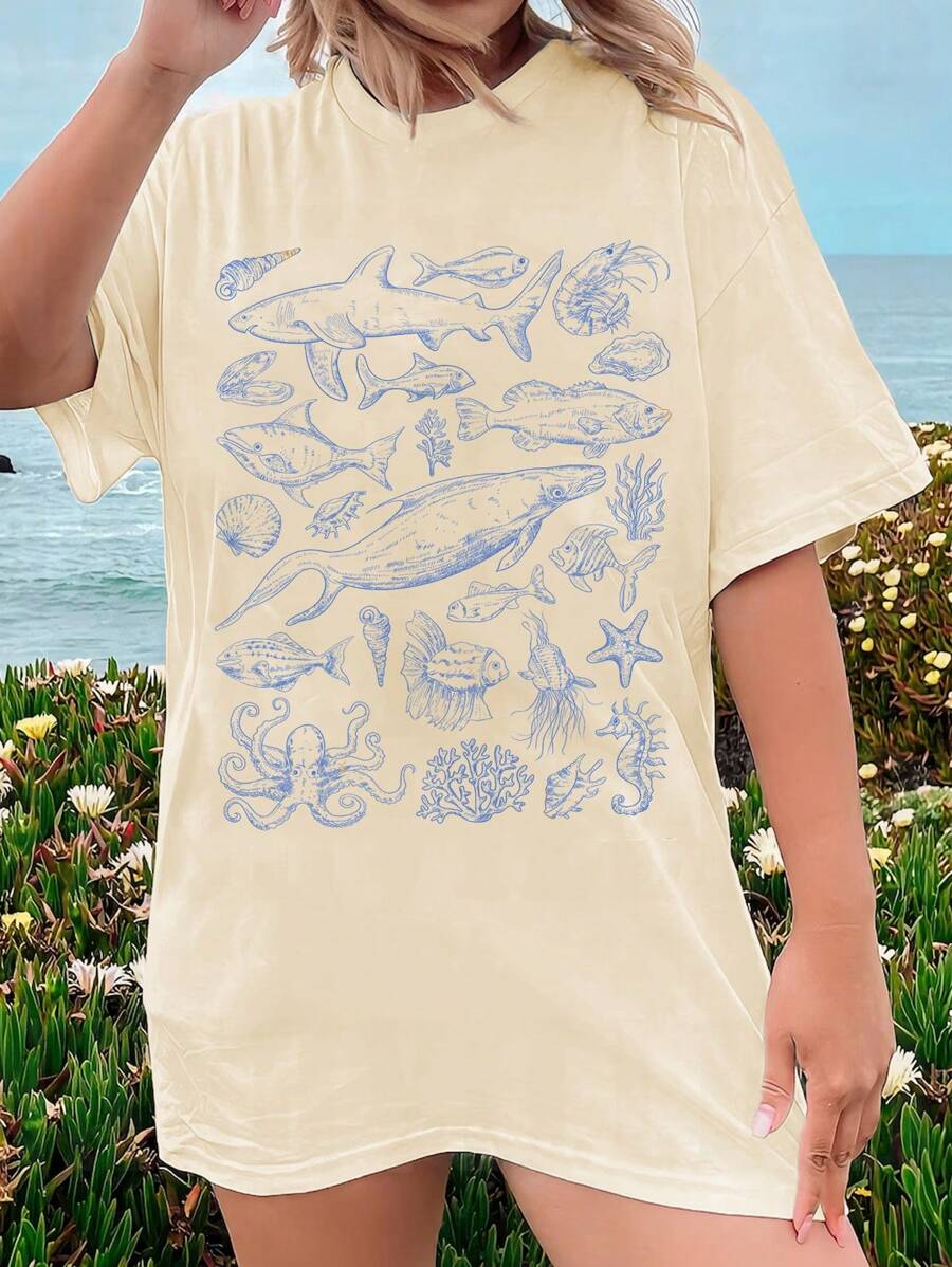 SHEIN EZwear 大码休闲海洋生物印花圆领短袖宽松女式 T 恤 - 杏色 - 查看 1
