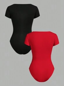 SHEIN EZwear 2 Cái/bộ Bộ đồ liền thân ngắn tay cổ vuông gợi cảm dành cho nữ, mùa hè - Nhiều màu - Xem 2