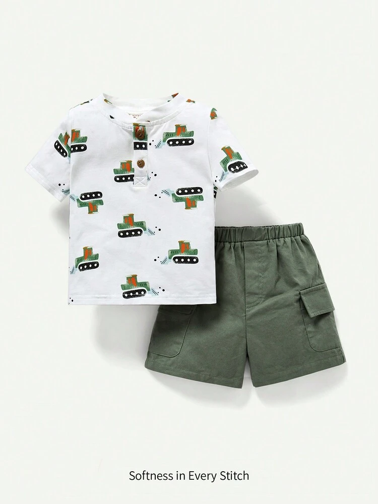 Baby Boys' Cartoon Pattern Round Neck Pullover Sweatshirt And Shorts Casual Outfits