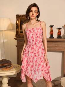 Aveloria Rosie Random Printed Ruffled Straps Asymmetrical Hem Swing Dress With Shirred Waist