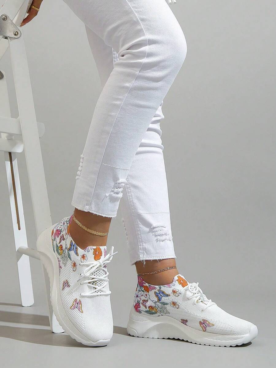 Women Floral Pattern Running Shoes, Fabric Lace Up Front Sporty Sneakers - White - View 1