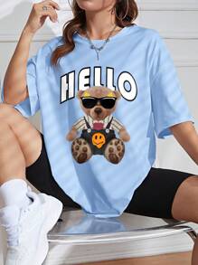 SHEIN EZwear 女士夏季休閒短袖T恤，印有字母和小熊圖案，圓領設計 - 藍色 - 查看 1