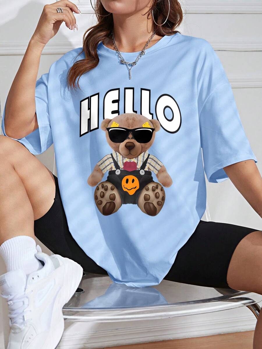 SHEIN EZwear 女士夏季休閒短袖T恤,印有字母和小熊圖案,圓領設計 - 藍色 - 查看 1