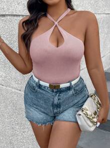 SHEIN Clasi Plus Size Fashionable Slim Fit Sleeveless Knitted Top With Criss Cross Straps