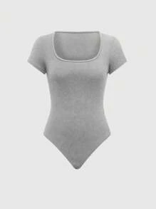 Olithes Solid Color Short Sleeve Bodysuit And Wide Leg Pants Spring/Summer Two Pieces Set - Grey - View 4