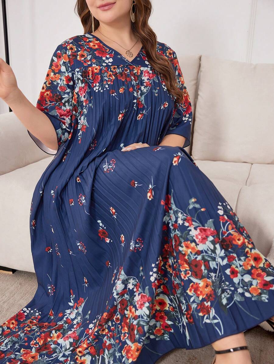 Seusyu Plus Size Women Floral Print Pleated V-Neck Loose Arab Dress - Multicolor - View 1
