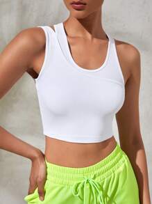 SHEIN Sports Women Summer Solid Color 2 In 1 Back Cut Out Crop Sports Tank Top - White - View 3