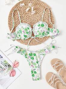 SHEIN Swim 女士植物印花简约比基尼套装夏季海滩 - 綠色 - 查看 1