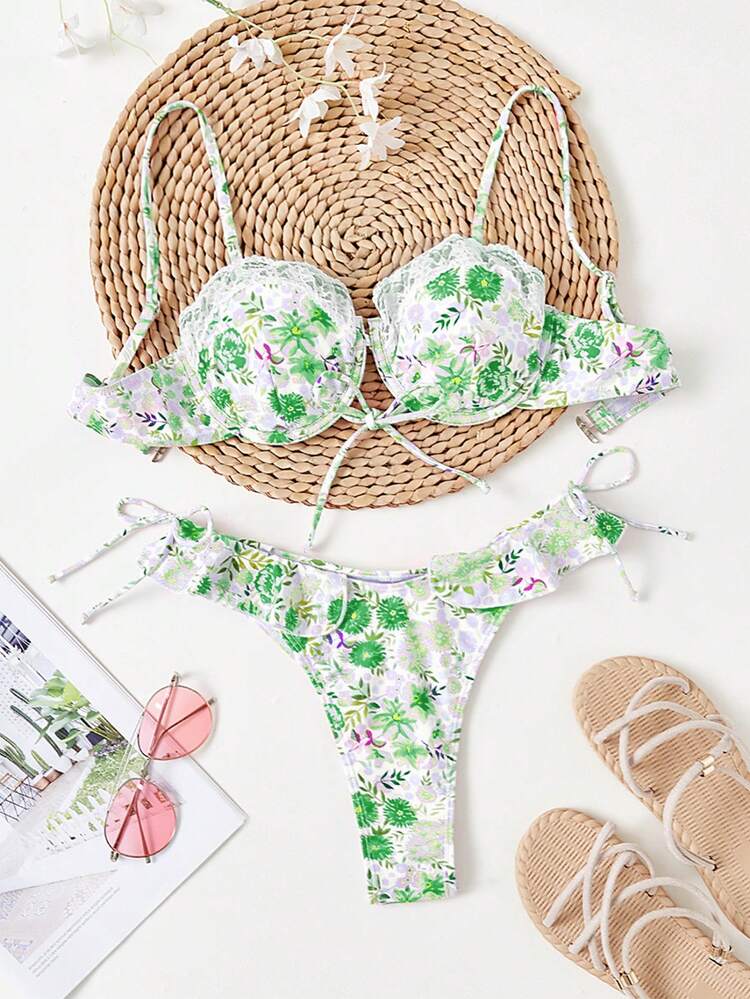 Women Plant Printed Simple Bikini Set Summer Beach