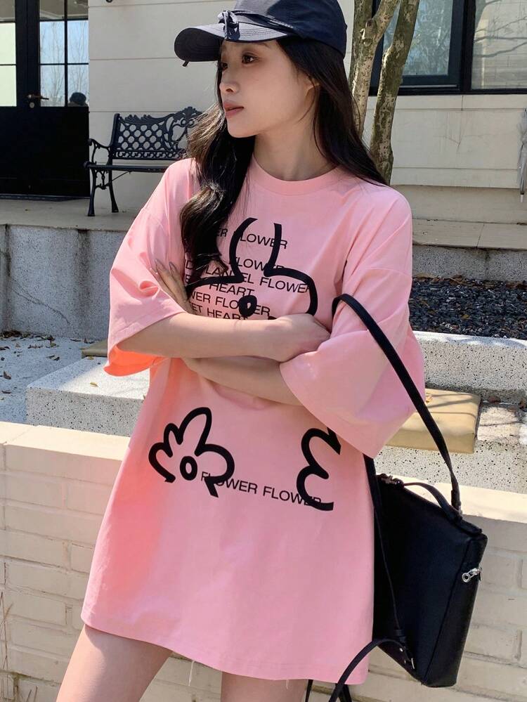 Summer Casual Loose Flower & Slogan Printed Drop Shoulder Short Sleeve T-Shirt Cute Tops Oversized T-Shirt,Graphic Tees Easter