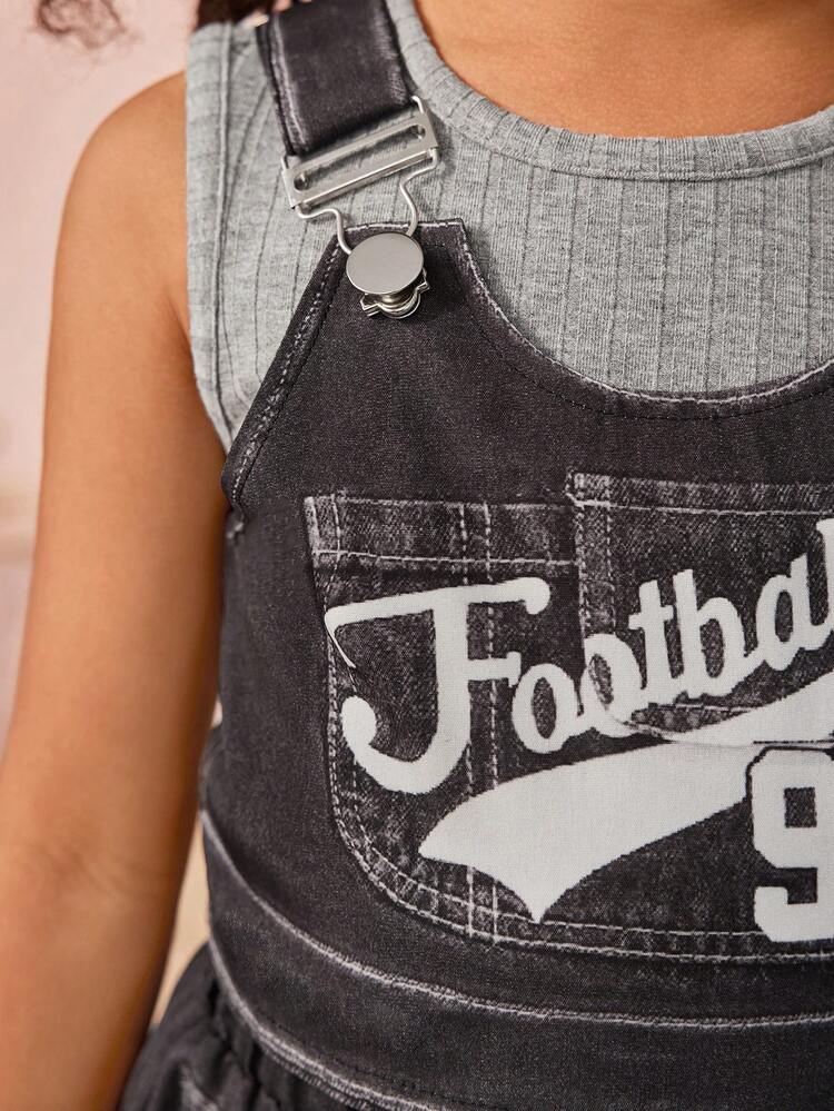 Young Girl Cool Grey Suspender Skirt With Solid Color Vest Set, Casual Summer Outfits